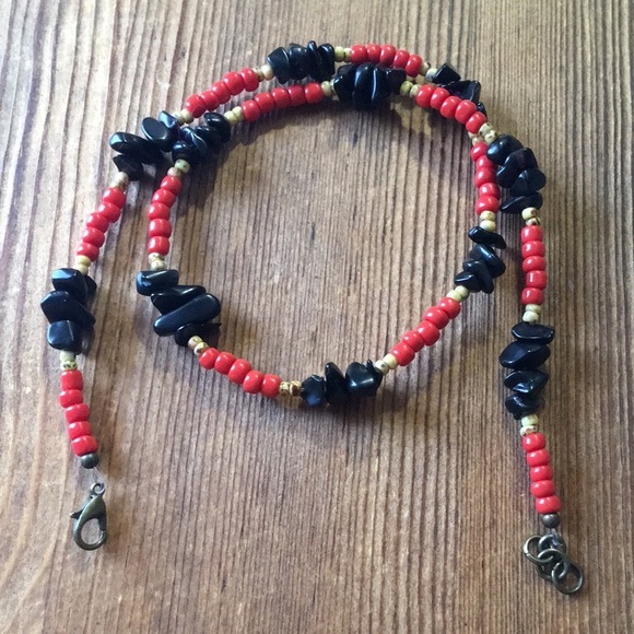 Men's Necklace, 18 Inches Long, Red and Black Nuggets /Handmade Men's Necklace - Picture 8 of 12
